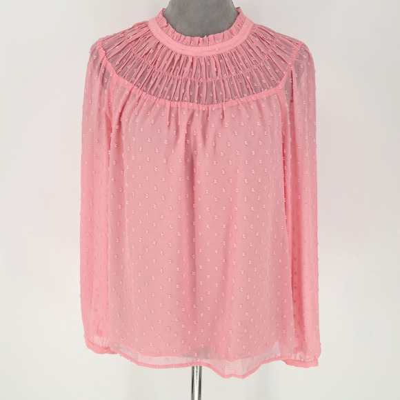 J Crew Top Womens Medium Pink Chiffon Blouse Swiss Dot Pleated Career New - Picture 1 of 14